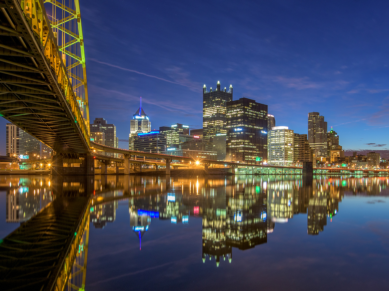 Pictured is Downtown Pittsburgh at night. Photo by Dave DiCello.